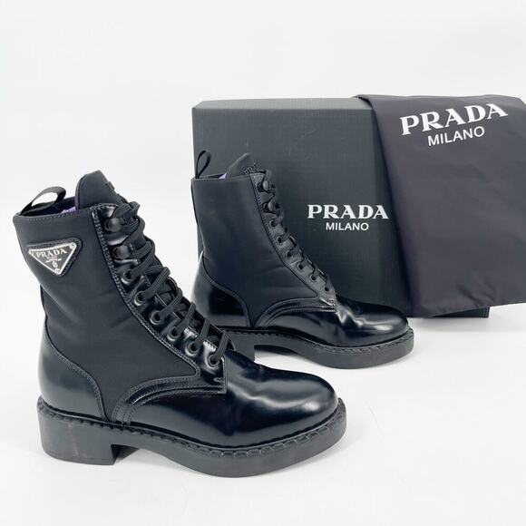 Prada Black Spazzolato Re-Nylon Metal Triangle Logo Combat Ankle Boot size IT 36 - Picture 1 of 14